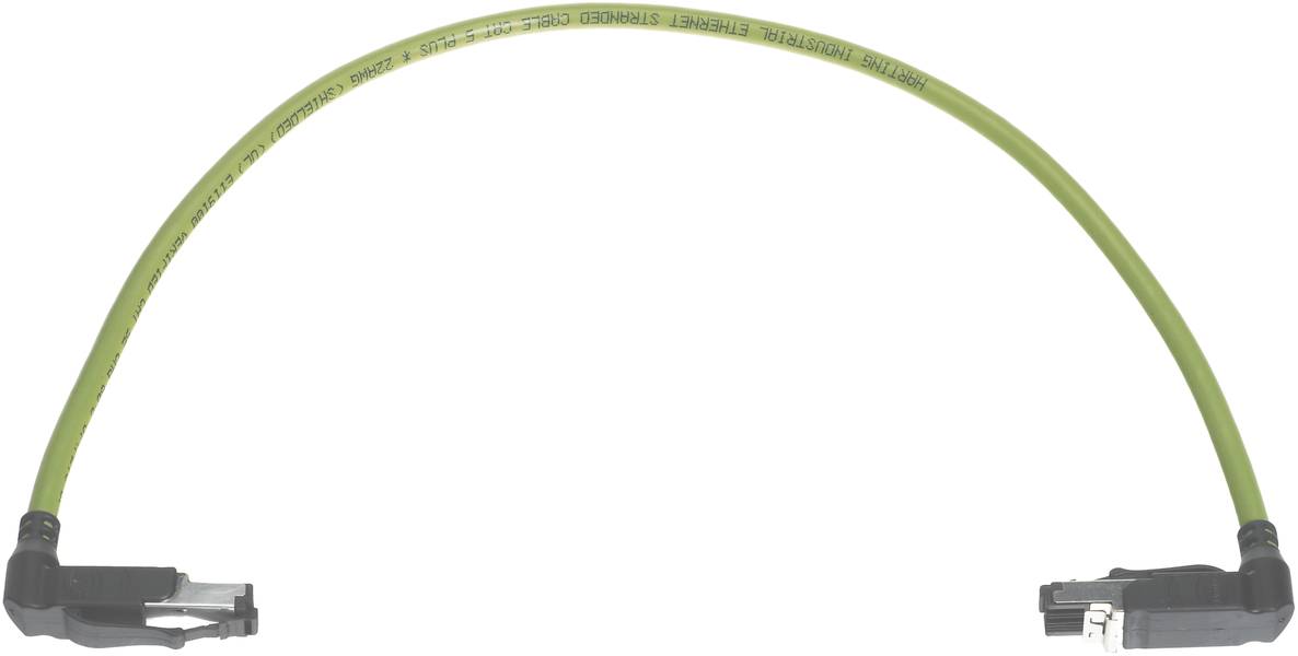Ein grünes Ethernet-Kabel mit abgewinkelten Steckern an beiden Enden für Netzwerkverbindungen.