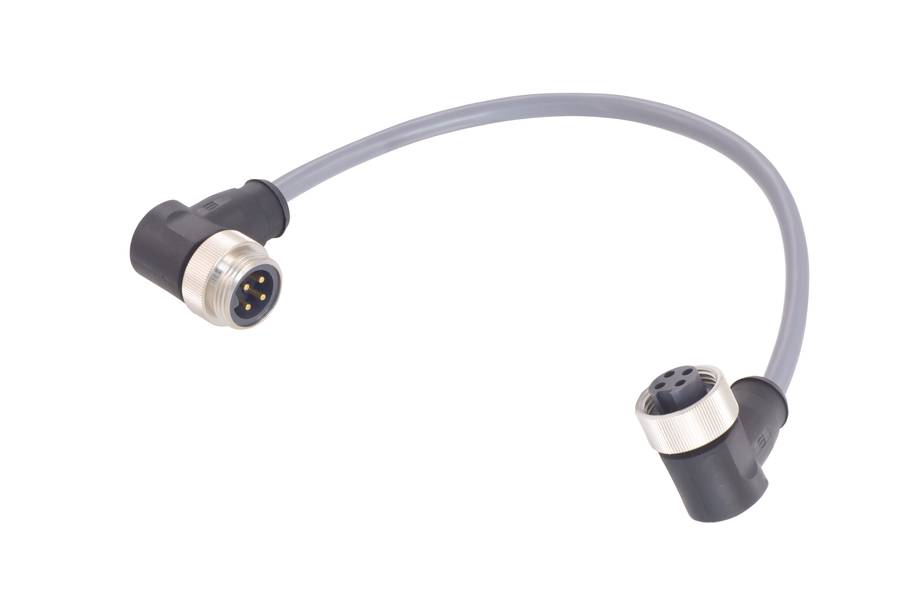 Graues Kabel mit zwei Steckverbindern an den Enden, einer männlich und einer weiblich, beide mit runden Metallgewinden.