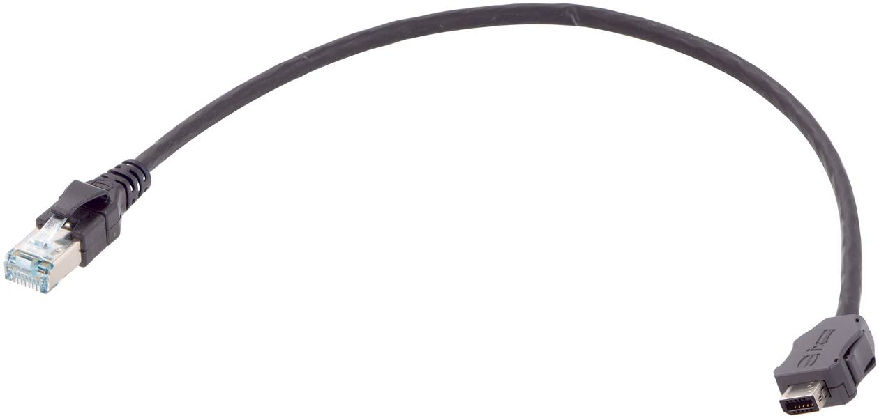 Ein schwarzes Kabel mit einem HDMI-Stecker an einem Ende und einem RJ45-Stecker am anderen Ende, das zur Verbindung von Geräten dient.
