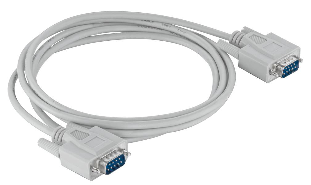 Ein graues RS-232-Serielles Kabel mit zwei DB9-Steckern an beiden Enden, geeignet für die Verbindung von Computern und Peripheriegeräten.