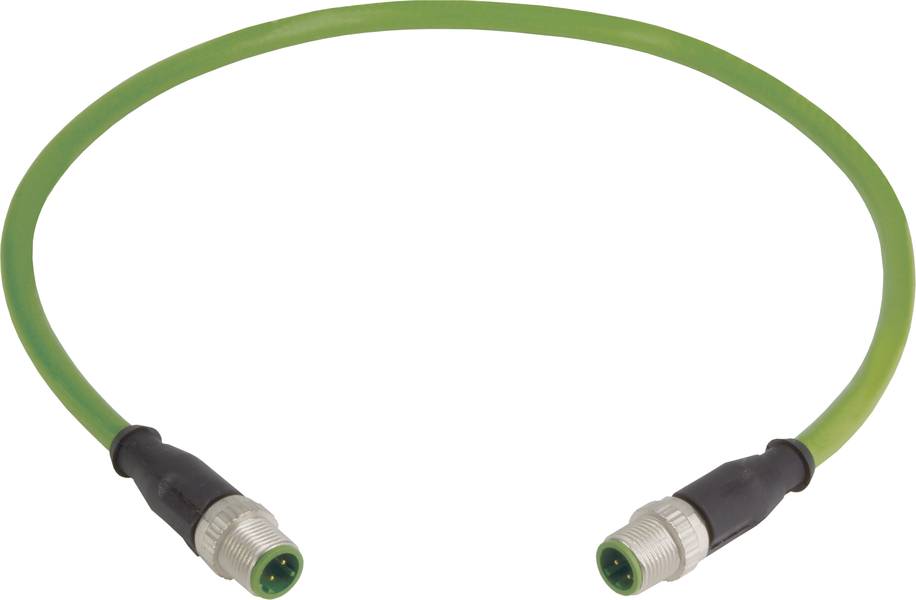 Grünes Kabel mit zwei Metallsteckern an den Enden, geeignet für industrielle Verbindungen.