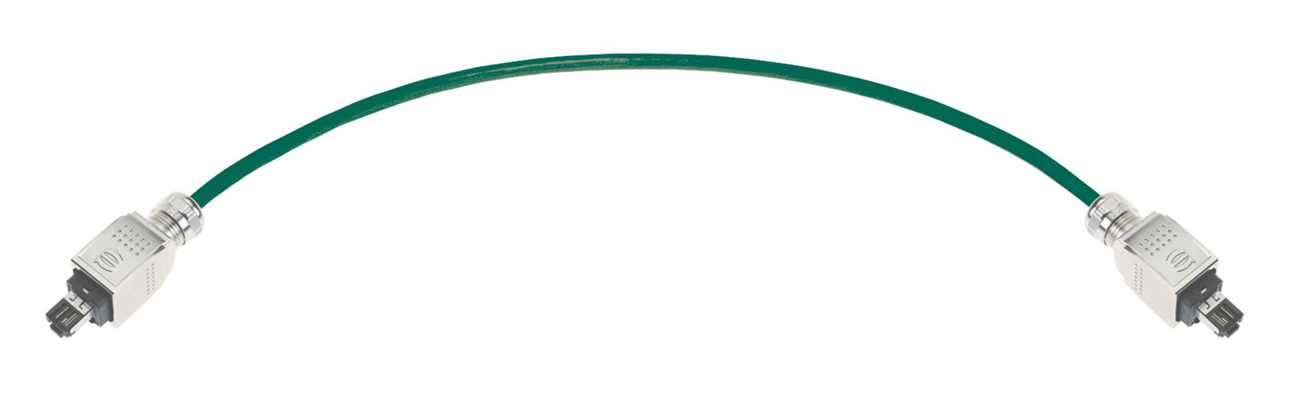 Ein grünes Kabel mit Metallsteckern an beiden Enden, verwendet zum Verbinden von elektronischen Geräten.