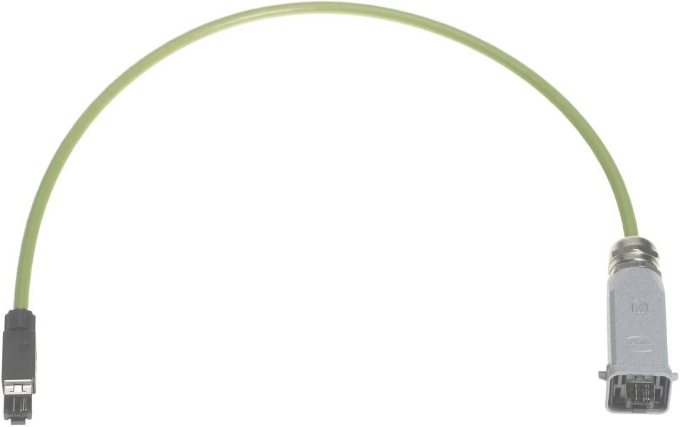 Ein gelbes Kabel mit einem kleinen schwarzen und einem großen grauen Stecker an den Enden.