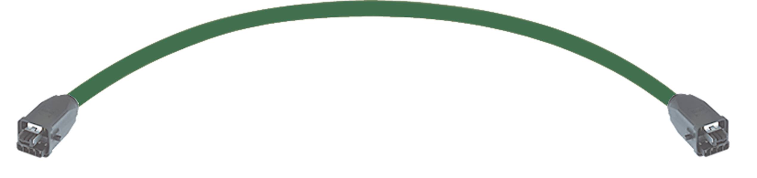 Grünes Kabel mit Steckern an beiden Enden; wird zur Übertragung von Audio- oder Videosignalen verwendet.