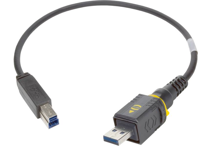 USB 3.0-Kabel mit einem normalen USB-Anschluss und einem quadratischen Druckeranschluss. Flexibel und in Schwarz-Gelb gehalten.