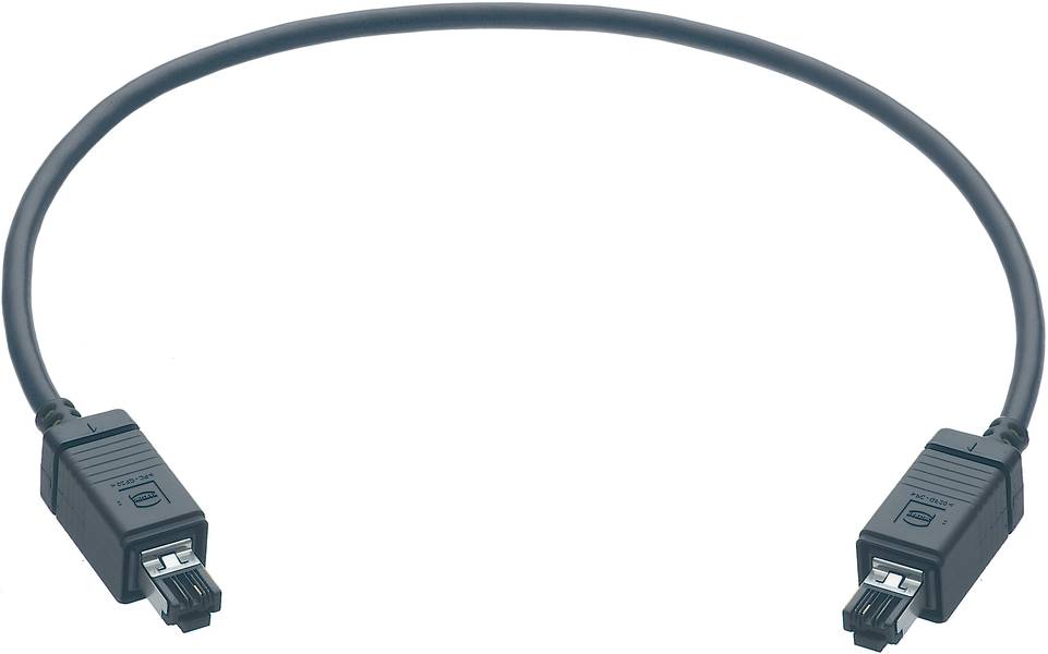 Ein schwarzes FireWire-Kabel mit Steckern an beiden Enden, geeignet für die Datenübertragung zwischen kompatiblen Geräten.