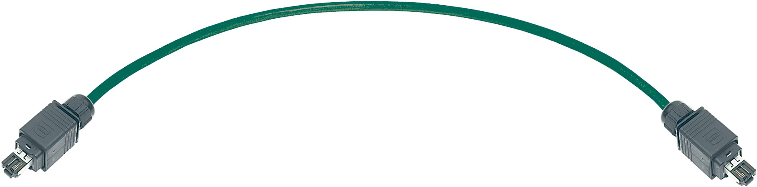 Ein grünes Kabel mit zwei grauen Steckern an den Enden, gewölbt dargestellt.