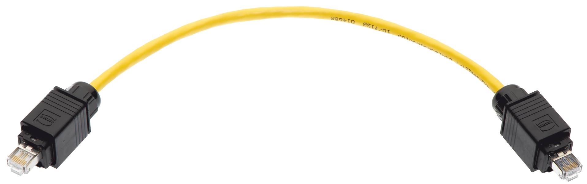 Gelbes Ethernet-Kabel mit schwarzen Steckern an beiden Enden, verwendet für Netzwerkverbindungen.