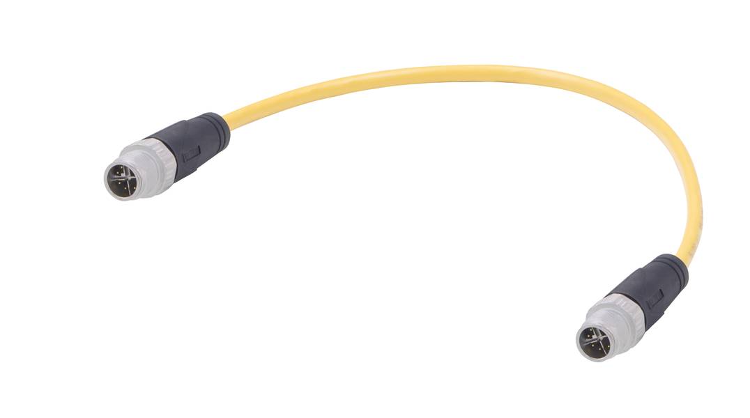 Gelbes Verbindungskabel mit grauen Steckern an beiden Enden, typischerweise verwendet für elektronische Geräte oder Netzwerke.