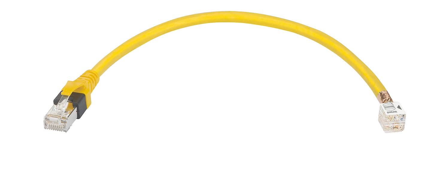 Ein gelbes Netzwerkkabel mit zwei RJ45-Steckern, verwendet zur Verbindung von Geräten im Netzwerk.