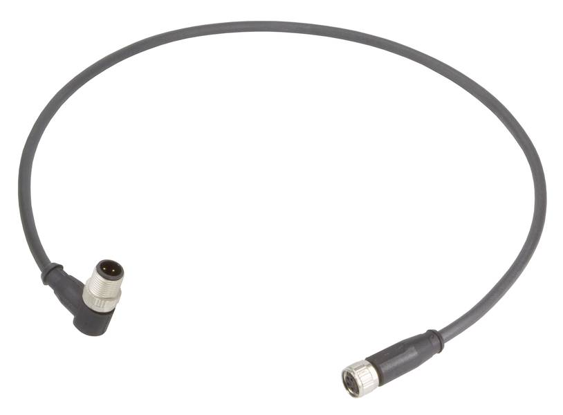Graues Koaxialkabel mit zwei Steckverbindern; rechts ein gerader Stecker, links ein gewinkelter Stecker; geeignet für Antennenanschlüsse.