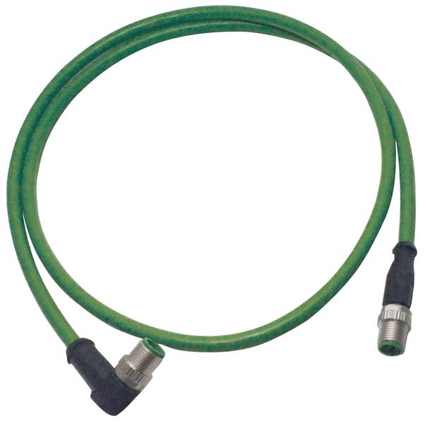 Grünes, flexibles Kabel mit Metallsteckern an beiden Enden. Eines der Stecker ist abgewinkelt.
