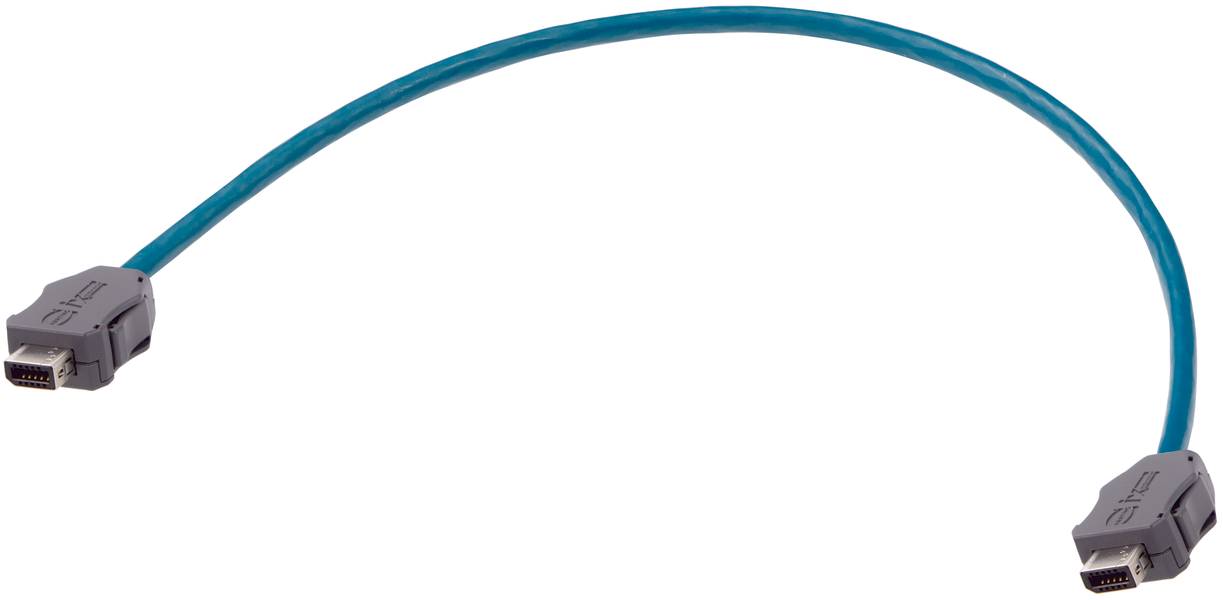 Ein blaues HDMI-Kabel mit grauen Steckern an beiden Enden, geeignet zur Verbindung von Mediengeräten für die Übertragung von Audio- und Videosignalen.