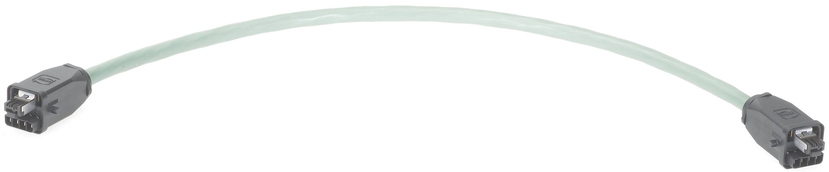 Ein grünes Kabel mit zwei schwarzen Steckern an den Enden, möglicherweise ein Daten- oder Verbindungskabel.