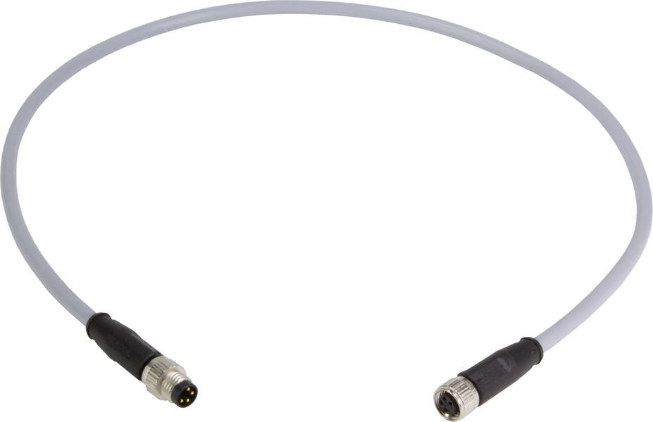 Ein graues M12-Verbindungskabel mit schwarzem Stecker an jedem Ende, geeignet für industrielle oder technische Anwendungen.