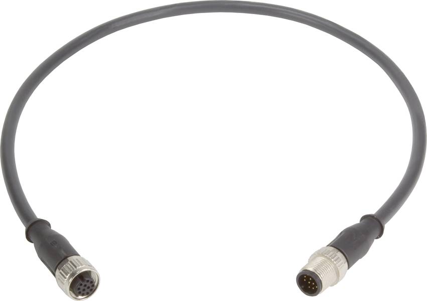 Schwarzes Rundkabel mit je einem runden Stecker an jedem Ende.