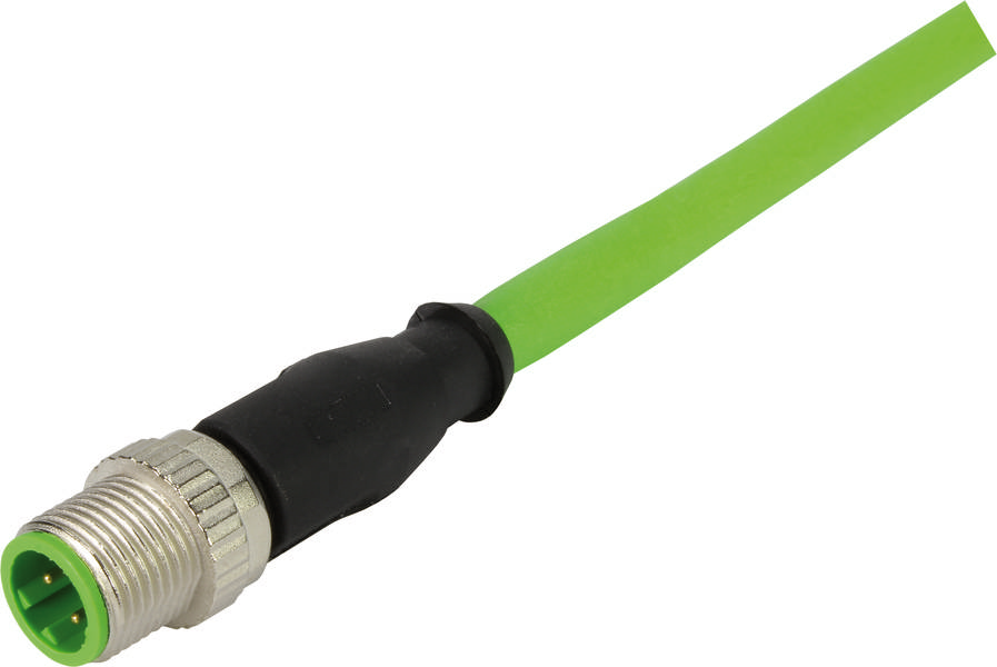 Grüner M12-Steckverbinder mit schwarzem Gehäuse und Metallgewinde, geeignet für industrielle Verbindungen und Automatisierung.