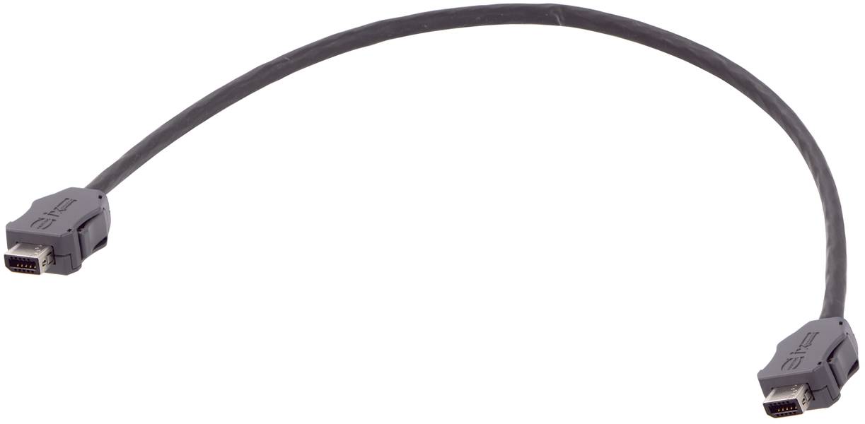 Schwarzes Datenkabel mit zwei identischen Steckern an den Enden, möglicherweise HDMI- oder USB-Kabel, auf weißem Hintergrund.