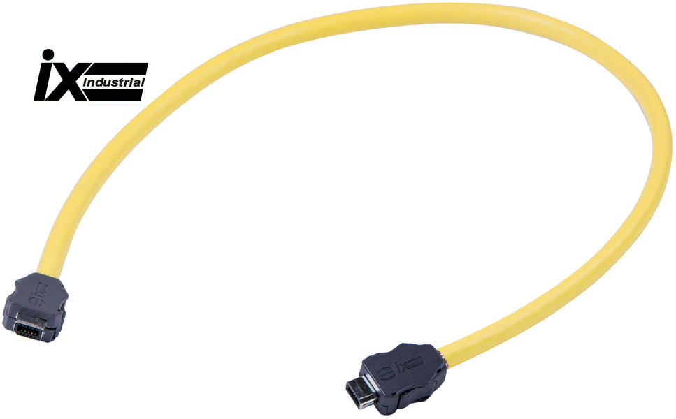 Gelbes Ethernet-Kabel mit zwei schwarzen Anschlüssen; oben links ist das Logo 'ix industrial' zu sehen.