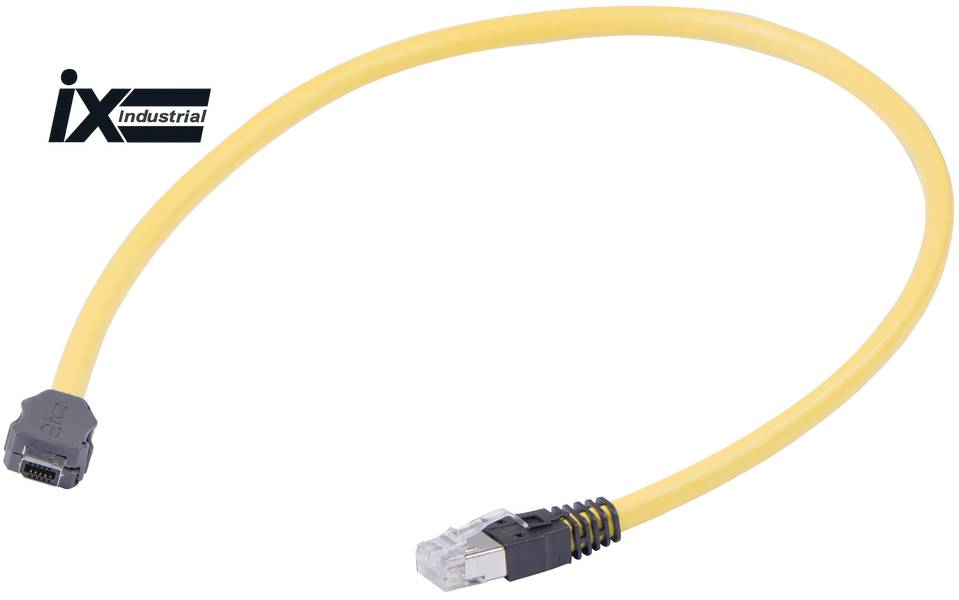 Gelbes ix Industrial Ethernet-Kabel mit RJ45-Anschlüssen an beiden Enden, dient zur Netzwerkverbindung.