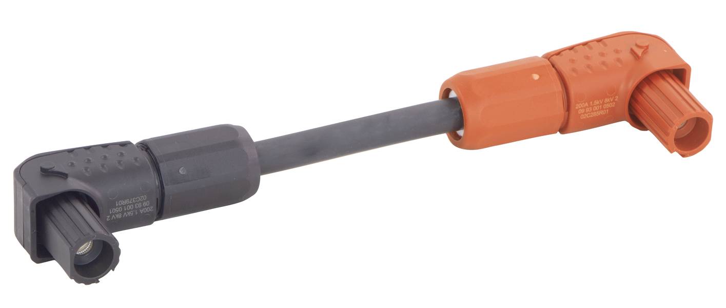Stecker mit Kabel, links in Schwarz und rechts in Orange. Geeignet für elektronische Verbindungen in technischen Anwendungen.