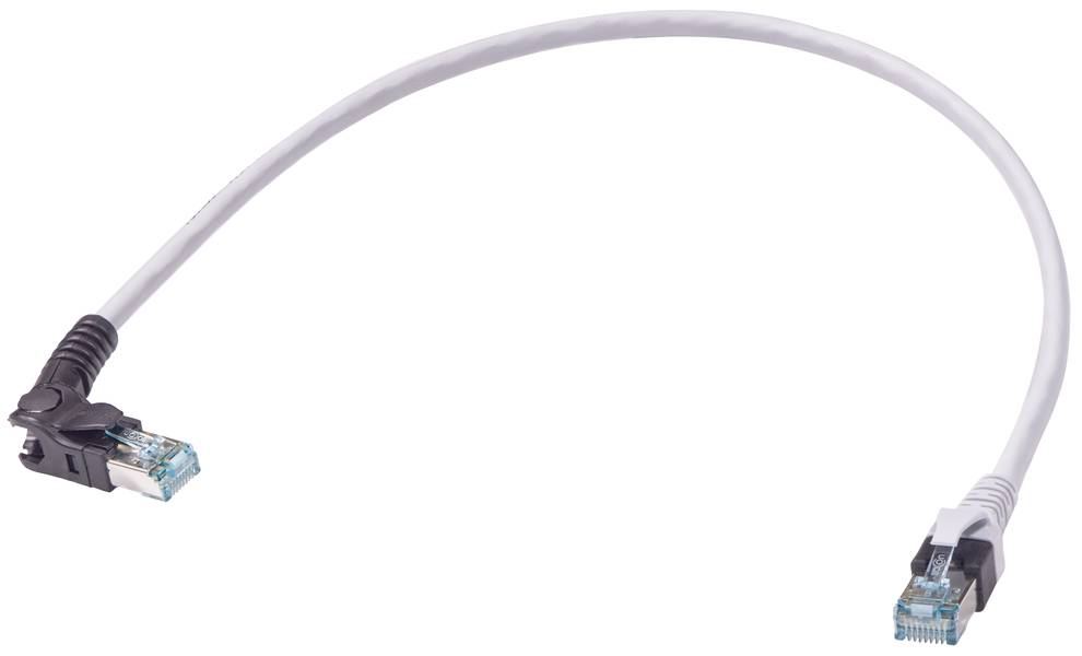 Ein weißes Ethernet-Kabel mit RJ45-Steckern an beiden Enden, verwendet zur Verbindung von Netzwerkgeräten für die Datenübertragung.