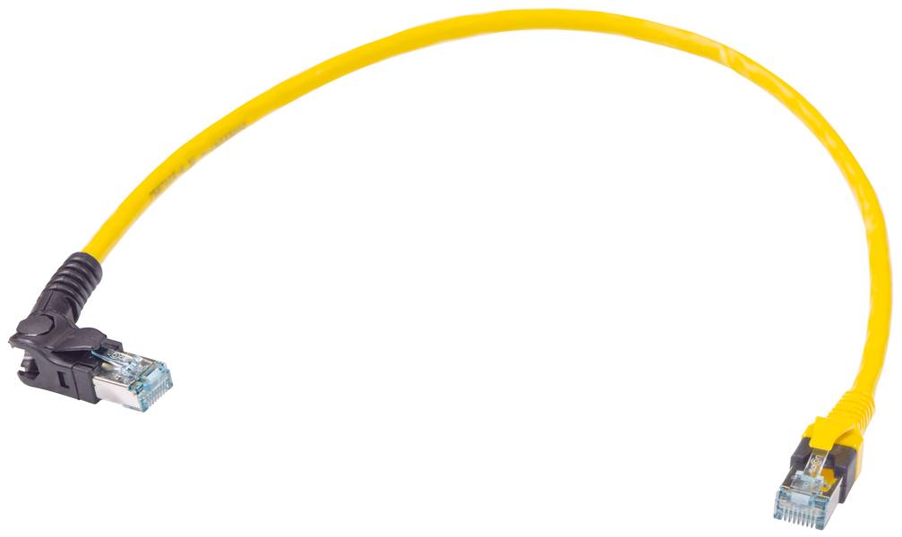 Ein gelbes Ethernet-Kabel mit zwei RJ-45-Steckern, geeignet zur Netzwerkverbindung, auf weißem Hintergrund.