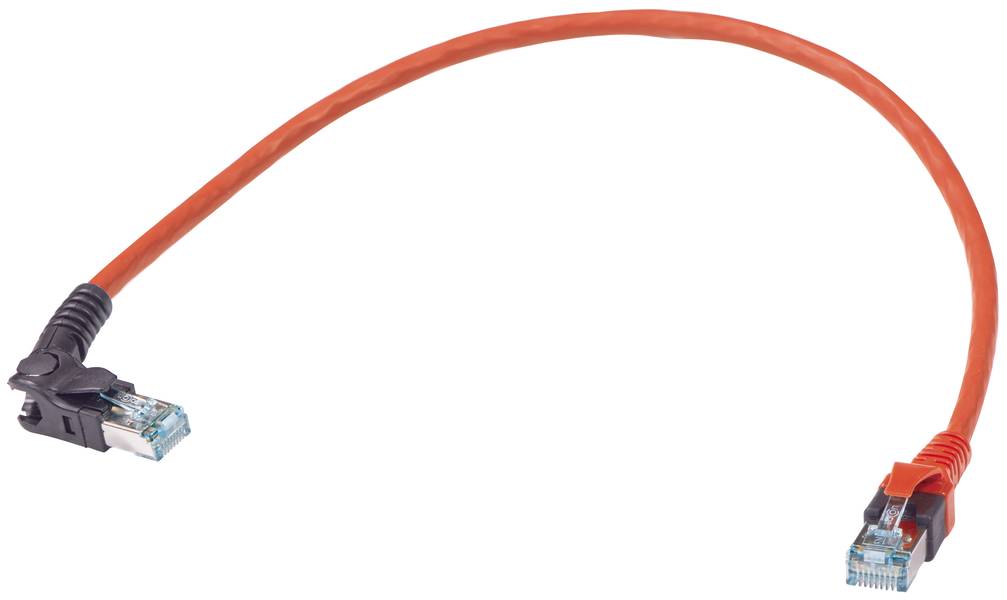 Ein orangefarbenes Ethernet-Kabel mit zwei Steckern an den Enden, verwendet zur Netzwerkverbindung.
