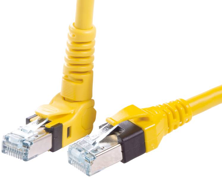 Zwei gelbe Ethernet-Kabel mit RJ45-Steckern, Detailansicht.