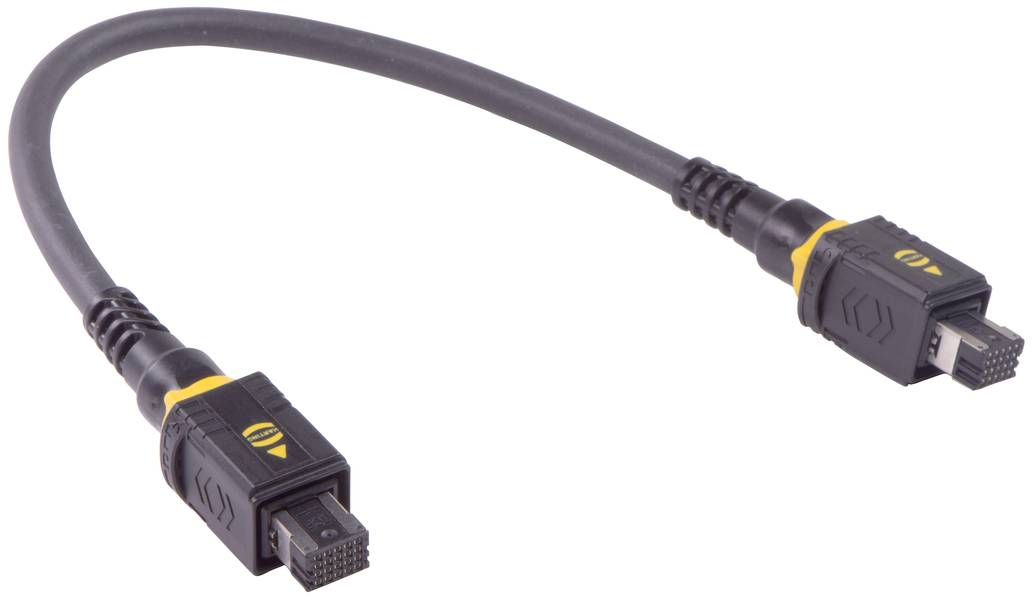 Ein schwarzes Kabel mit zwei gelben Steckern an beiden Enden, ähnlich einem externen Datenspeicherkabel, liegt auf einer weißen Fläche.