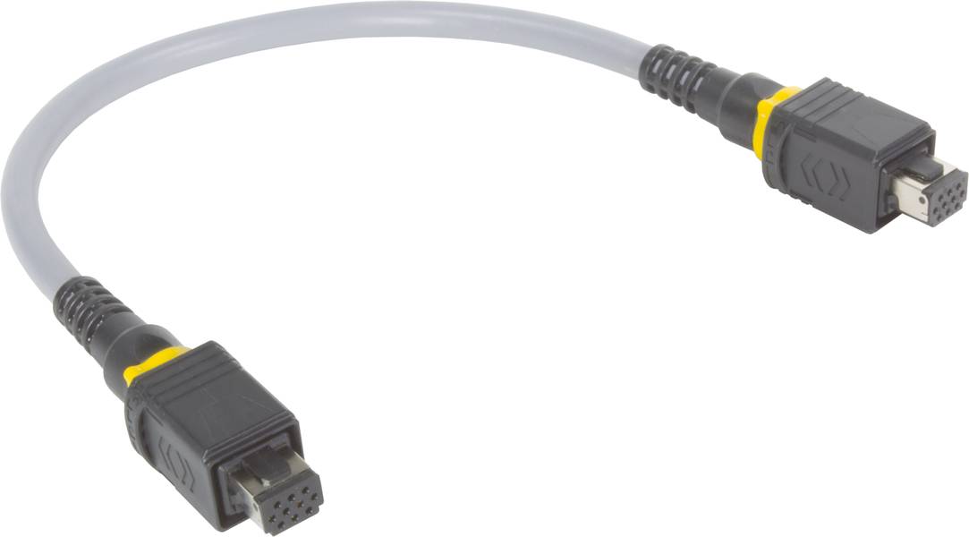 Graues Firewire-Kabel mit zwei schwarzen Steckern an beiden Enden; Stecker weisen jeweils quadratische Form mit Metallpins auf.