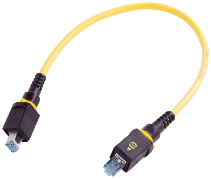 Ein gelbes USB-Kabel mit zwei schwarzen Steckern an den Enden, verwendet zum Verbinden und Übertragen von Daten zwischen Geräten.