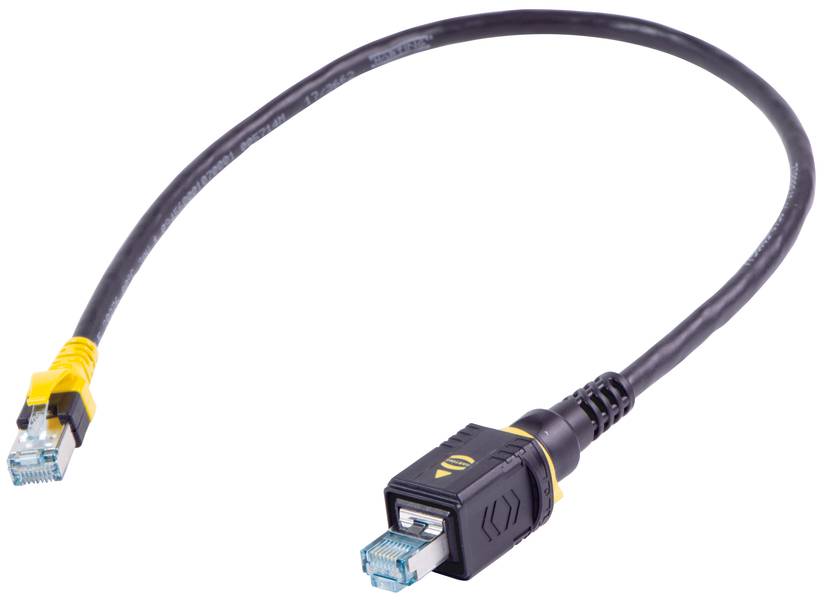 Netzwerkkabel mit schwarzem Stecker und gelb-schwarzer Markierung, geeignet für Datenübertragungsverbindungen.