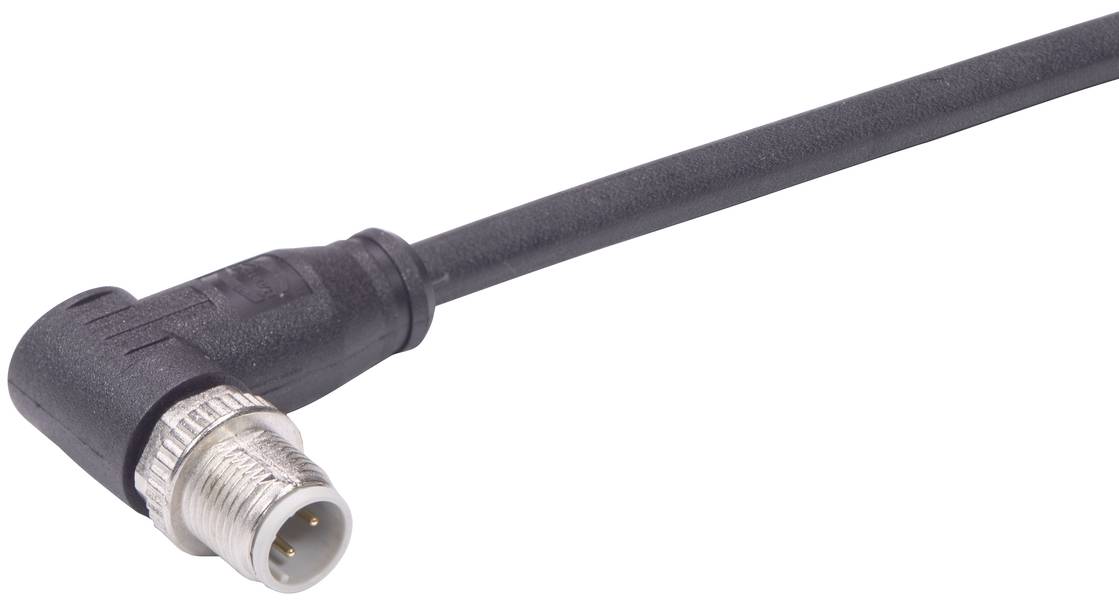 Schwarzes Kabel mit gewinkeltem Stecker, 5-polig, typisch für industrielle Anwendungen oder Sensorverbindungen.