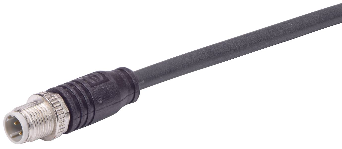 Nahaufnahme eines schwarzen M12 Steckers mit drei Pins und einem schwarzen Kabel. Der Stecker hat ein metallisches Gewinde.