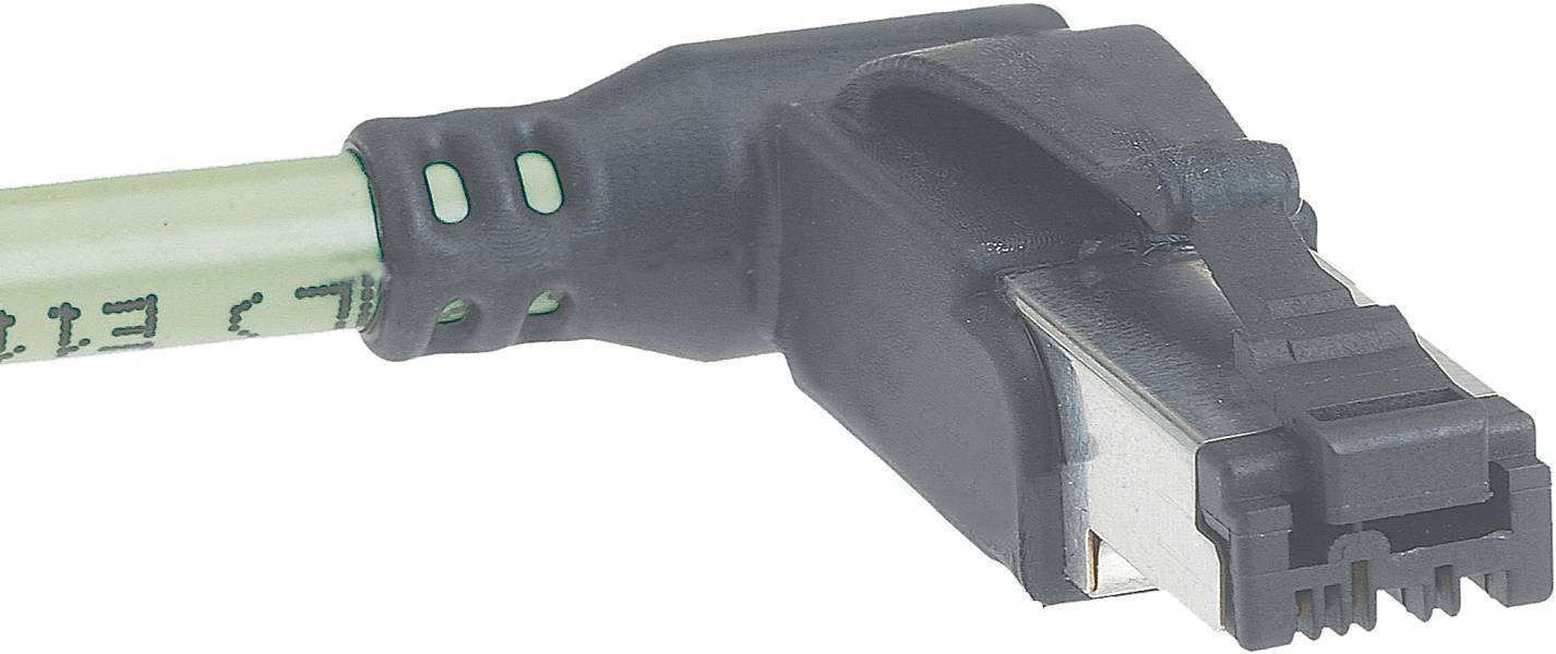 Ein grün-schwarzes, rechtwinkliges RJ45-Netzwerkkabel, geeignet für industrielle Anwendungen.