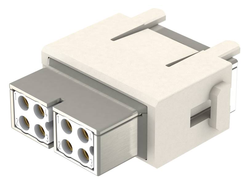 Ein rechteckiger elektrischer Stecker mit zwei Reihen von runden Metallkontakten. Geeignet für industrielle Verbindungen.