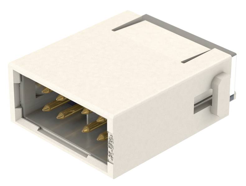Ein weißer USB-C-Stecker, leicht schräg auf grauem Hintergrund liegend, zeigt die goldenen Kontakte im Inneren.