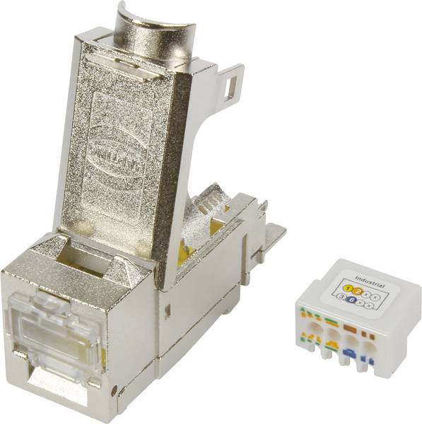 RJ45-Stecker und separates Anschlussmodul mit farbcodierten Kabelanschlüssen für industrielle Netzwerkinstallationen.