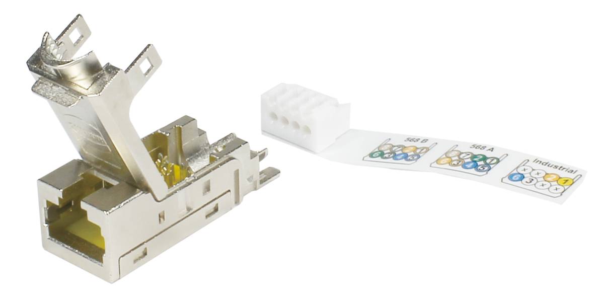 Ein modulares RJ45-Steckergehäuse aus Metall, teils geöffnet mit einem Belegungsplan für Kabel zur Netzwerkverbindung.