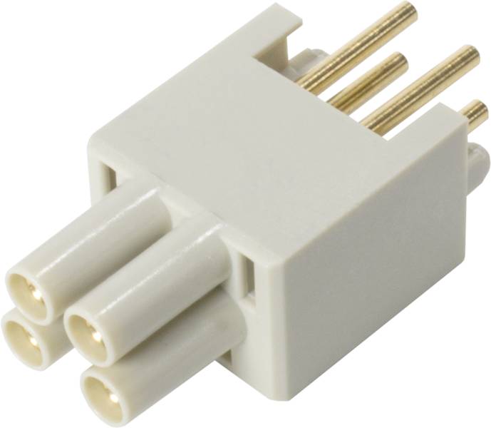 Weiße elektrische Steckverbindung mit drei runden Buchsen und vier Metallstiften. Geeignet für elektronische Anwendungen.