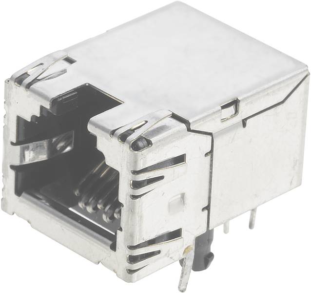 Ein silberner RJ45-Ethernet-Buchsenanschluss, oben geschlossen, mit sichtbaren Kontaktstiften im Inneren, zur Leiterplattenmontage.