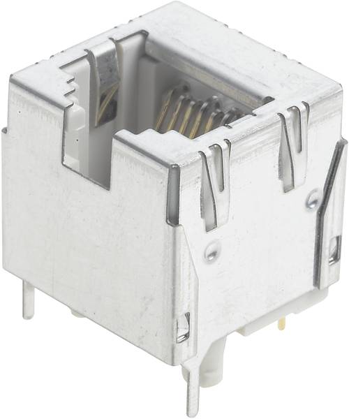 'RJ45-Buchse' mit Metallgehäuse, zur Datenübertragung. Zeigt Kontaktstifte innerhalb der Buchse. Verwendet in Netzwerkgeräten.