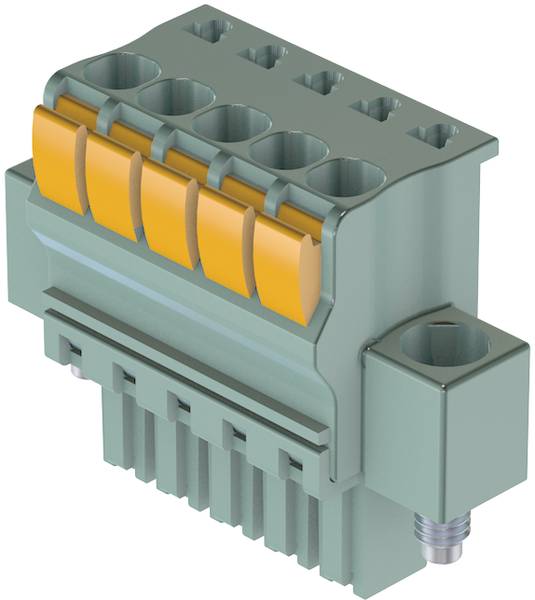 Sechspoliger, grüner Steckverbinder mit Schraubbefestigung und gelben Klemmen. Verwendet für elektrische Verbindungen in Geräten.