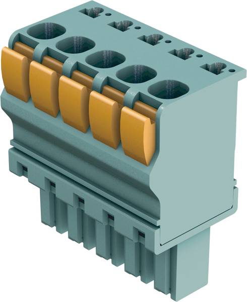 Ein grüner elektrischer Steckverbinder mit mehreren orangefarbenen Kontaktpunkten, der für den Einsatz in elektrischen Schaltungen geeignet ist.