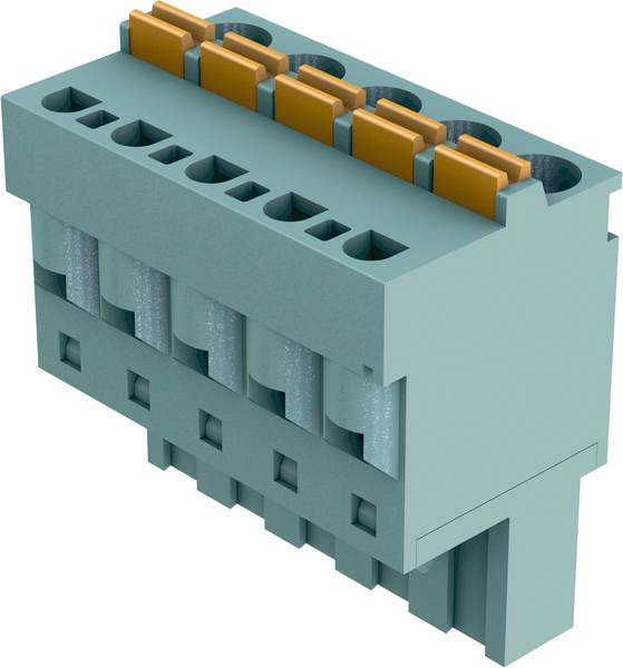 Ein blaugrüner elektrischer Steckverbinder mit fünf Buchsen und orangefarbenen Hebeln zum Sichern von Kabelverbindungen.