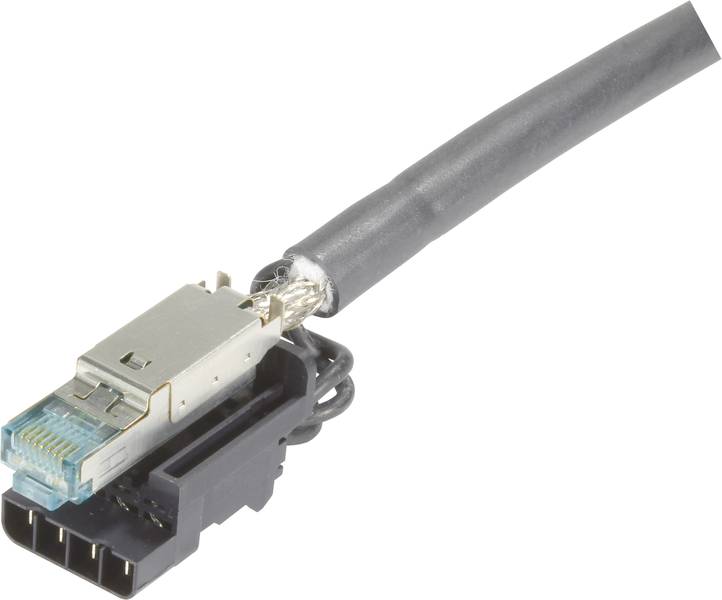 Ein Netzwerkkabel mit Steckerverbindung, bestehend aus einem geschirmten Ethernet-Stecker und einem dünnen Kabel.