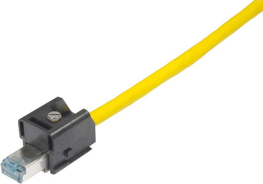 Gelbes Netzwerkkabel mit schwarzem Stecker, RJ45-Anschluss.