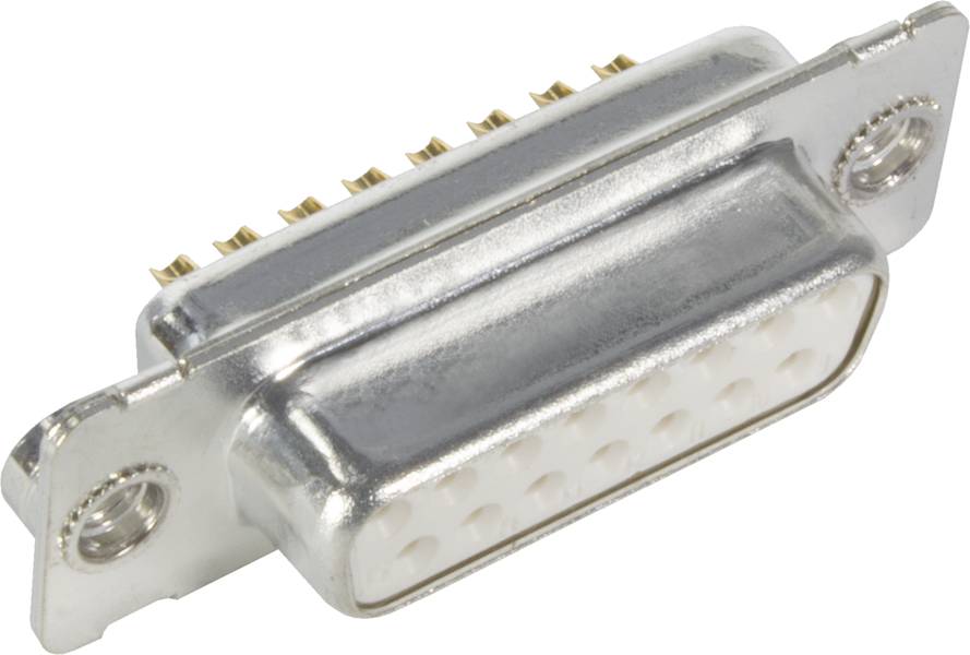 Ein silberner D-Sub-Stecker mit neun Metallpins. Der Stecker hat eine rechteckige Form und zwei Schraublöcher zur Befestigung.