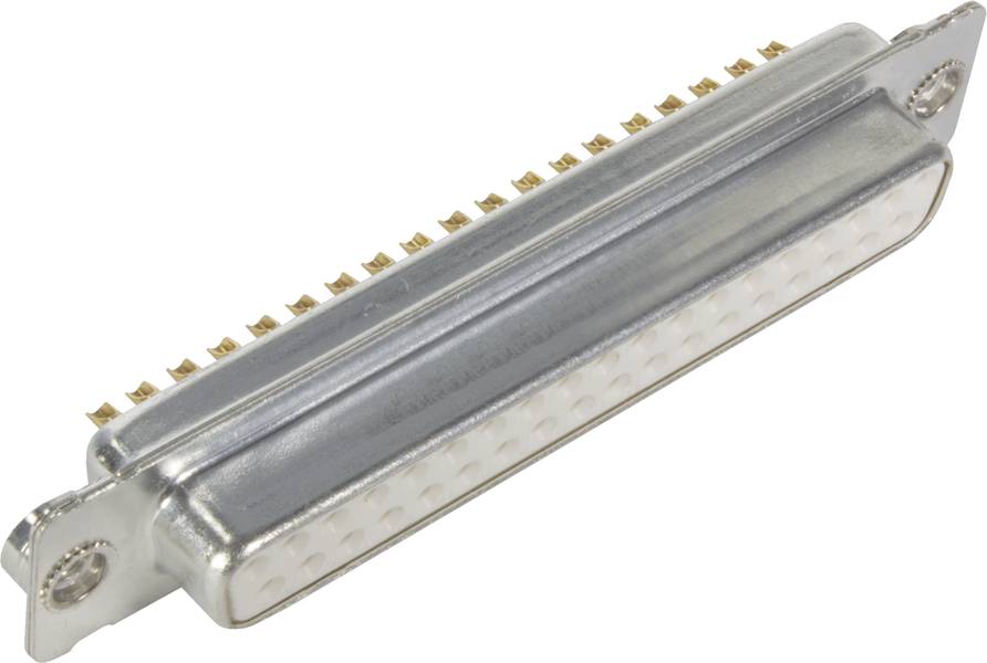 Ein metallener Anschlussstecker mit vielen goldenen Pins, typisch für elektronische Verbindungen in Geräten oder Maschinen.